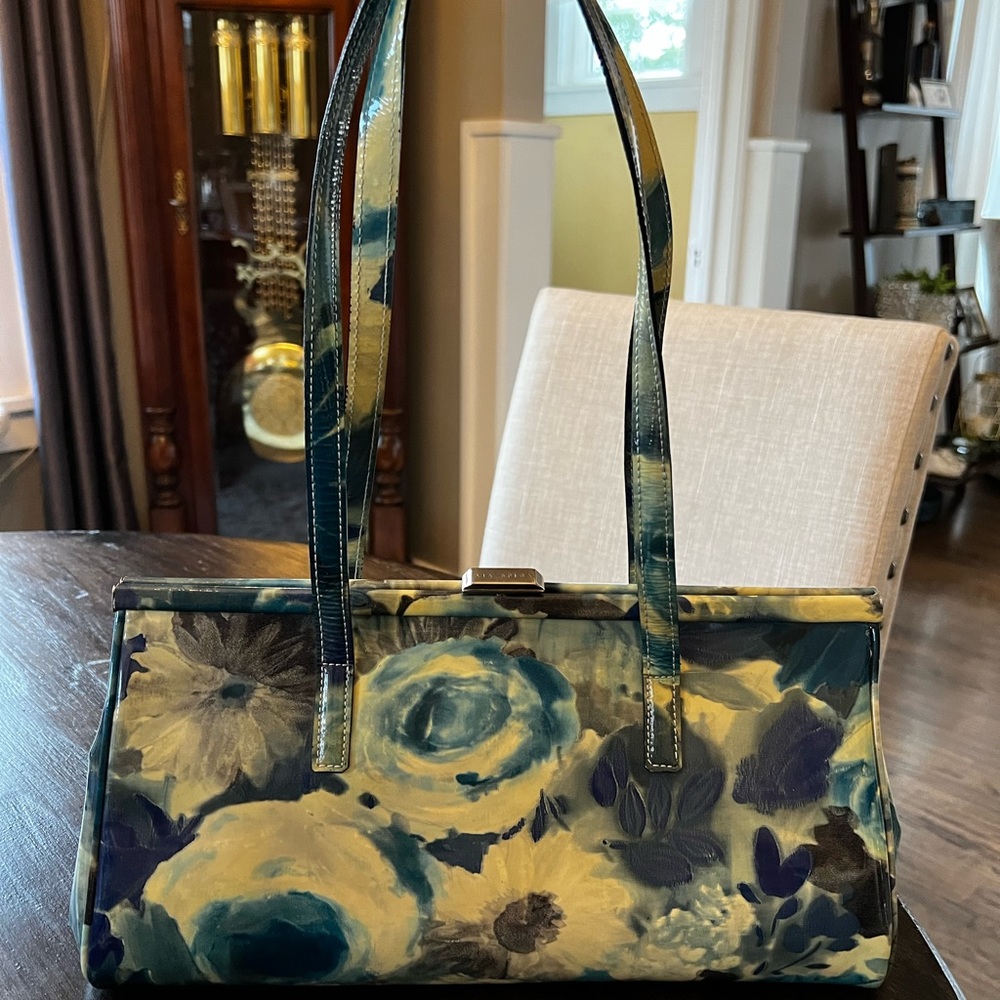 Vintage & Rare Via Spiga Blue Floral Leather Italian Purse